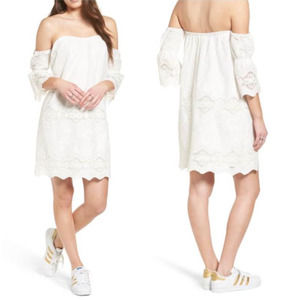 ASTR The Label White Embroidered Off The Shoulder Shift Dress Sz Small